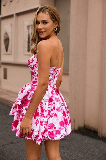 Strapless Fuchsia A-Line Floral Homecoming Dress With Bow